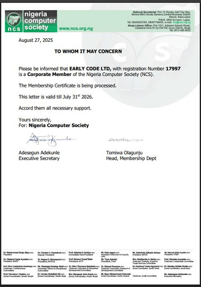 Early Code Institute NCS Membership Certificate